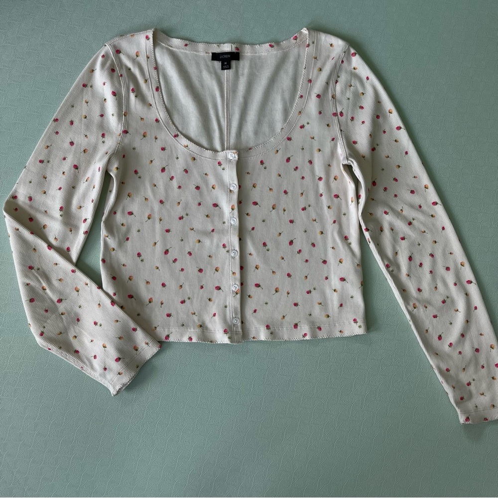 J. Crew Scoop Neck Ribbed Cream Floral Cardigan
